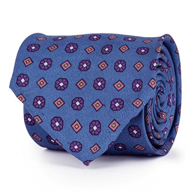 Blue silk twill tie with floral print