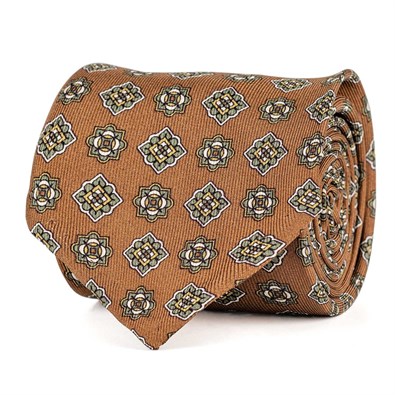 Beige silk twill tie with geometric print