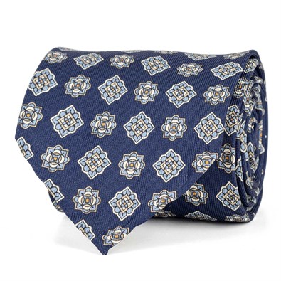 Blue silk twill tie with geometric print