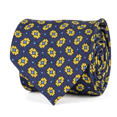 Blue silk twill tie with geometric print