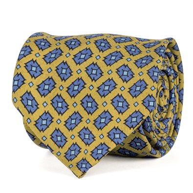 Yellow silk twill tie with geometric print