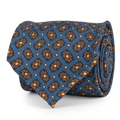 Teal silk twill tie with geometric print