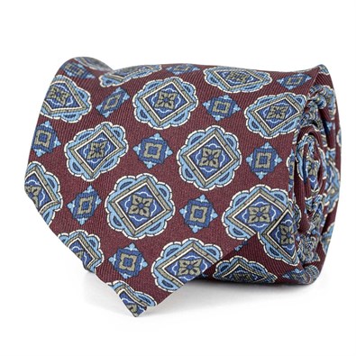 Bordeaux silk twill tie with geometric print