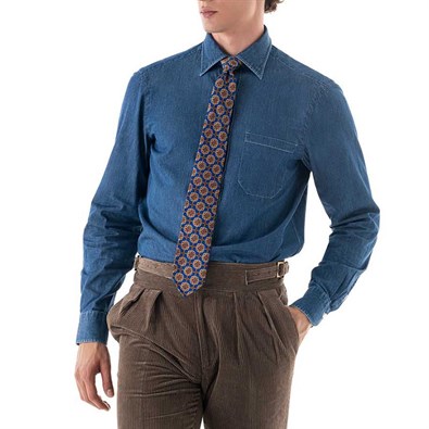 Blue silk twill tie with geometric print