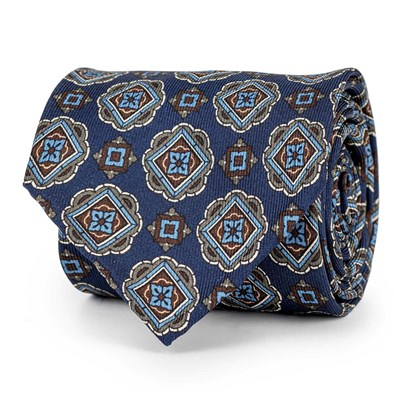 Blue silk twill tie with geometric print