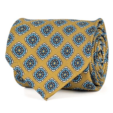 Mustard silk twill tie with geometric print
