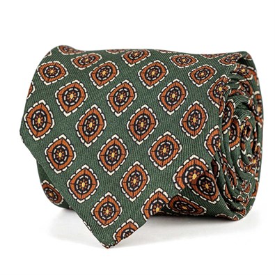 Green silk twill tie with geometric print