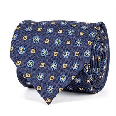 Blue silk twill tie with floral print 