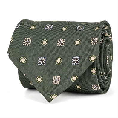 Green silk twill tie with geometric print