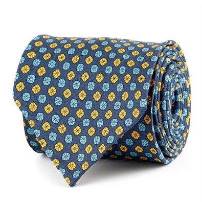 Blue silk twill tie with geometric print