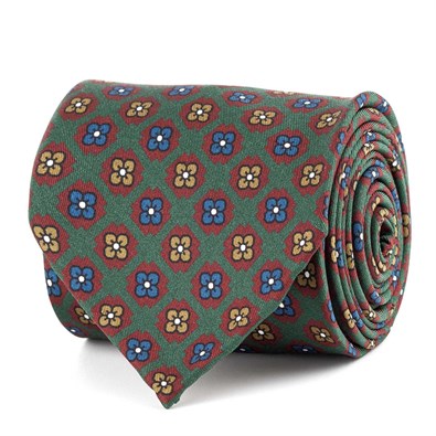 Green silk twill tie with floral print