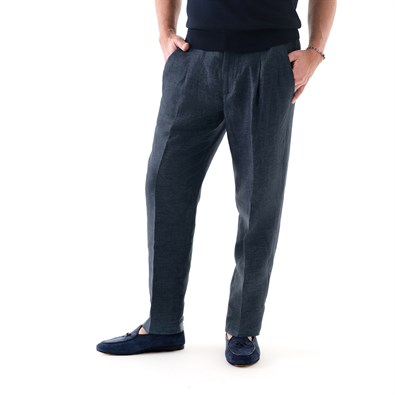 Pantalone leisure in lino spigato blu