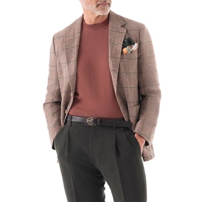 Single-breasted jacket in beige checked linen-cotton