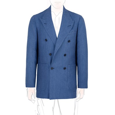 Blue herringbone linen blend double-breasted jacket