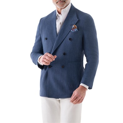 Blue herringbone linen blend double-breasted jacket