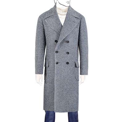 Ulster coat in blue and white herringbone wool and silk