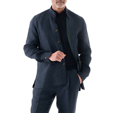Blue herringbone linen safari jacket with guru collar