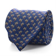 Cravatta in twill di seta blu con stampa palma
