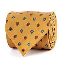 Ocher silk twill tie with geometric print