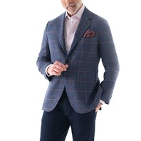 Single-breasted jacket in blue checked linen-cotton