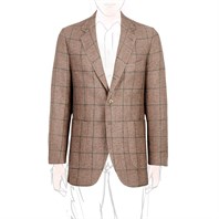 Single-breasted jacket in beige checked linen-cotton