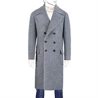 Ulster coat in blue and white herringbone wool and silk