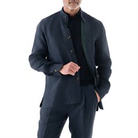 Blue herringbone linen safari jacket with guru collar